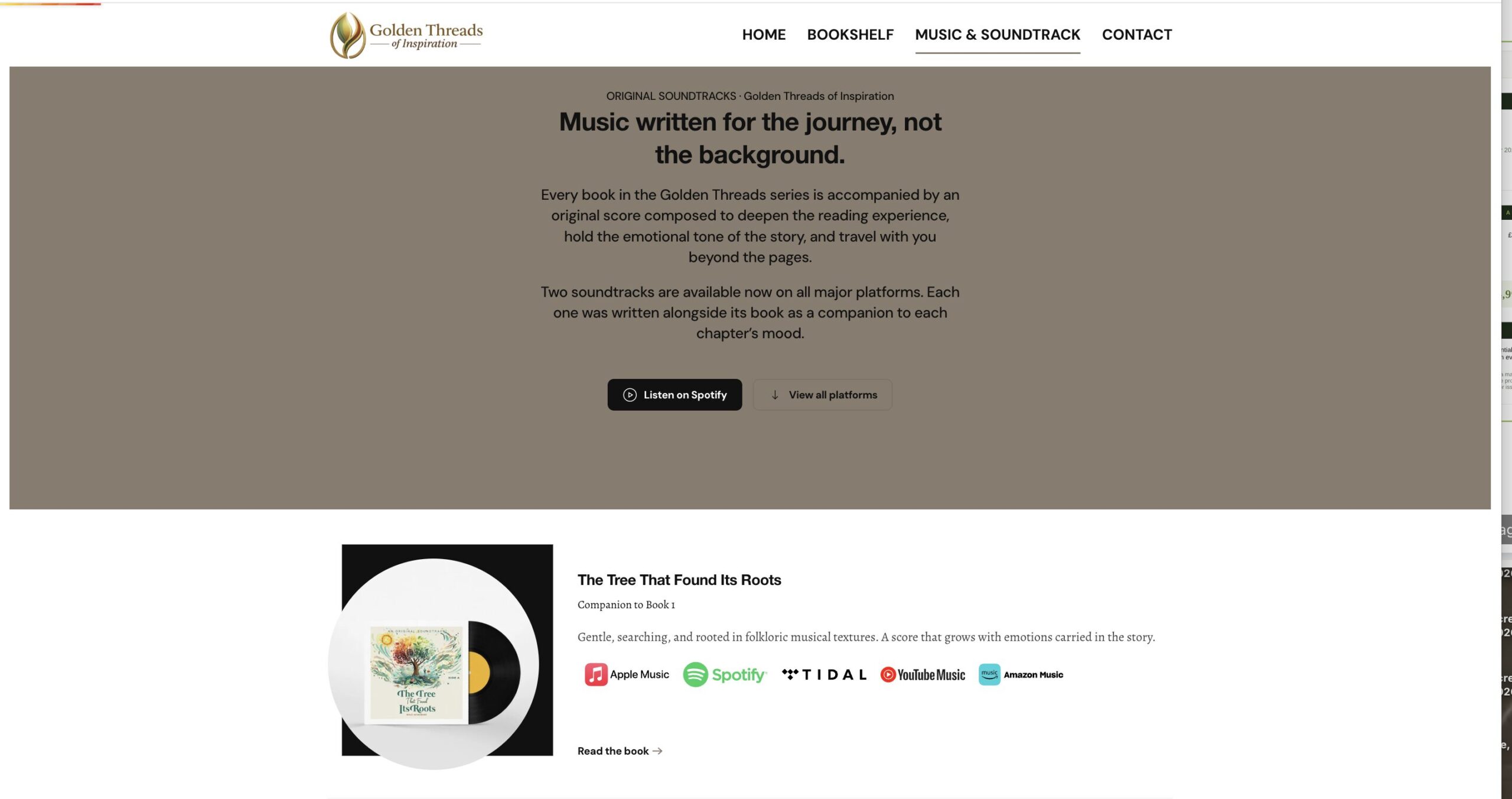 The full Golden Threads music page with soundtracks for each book