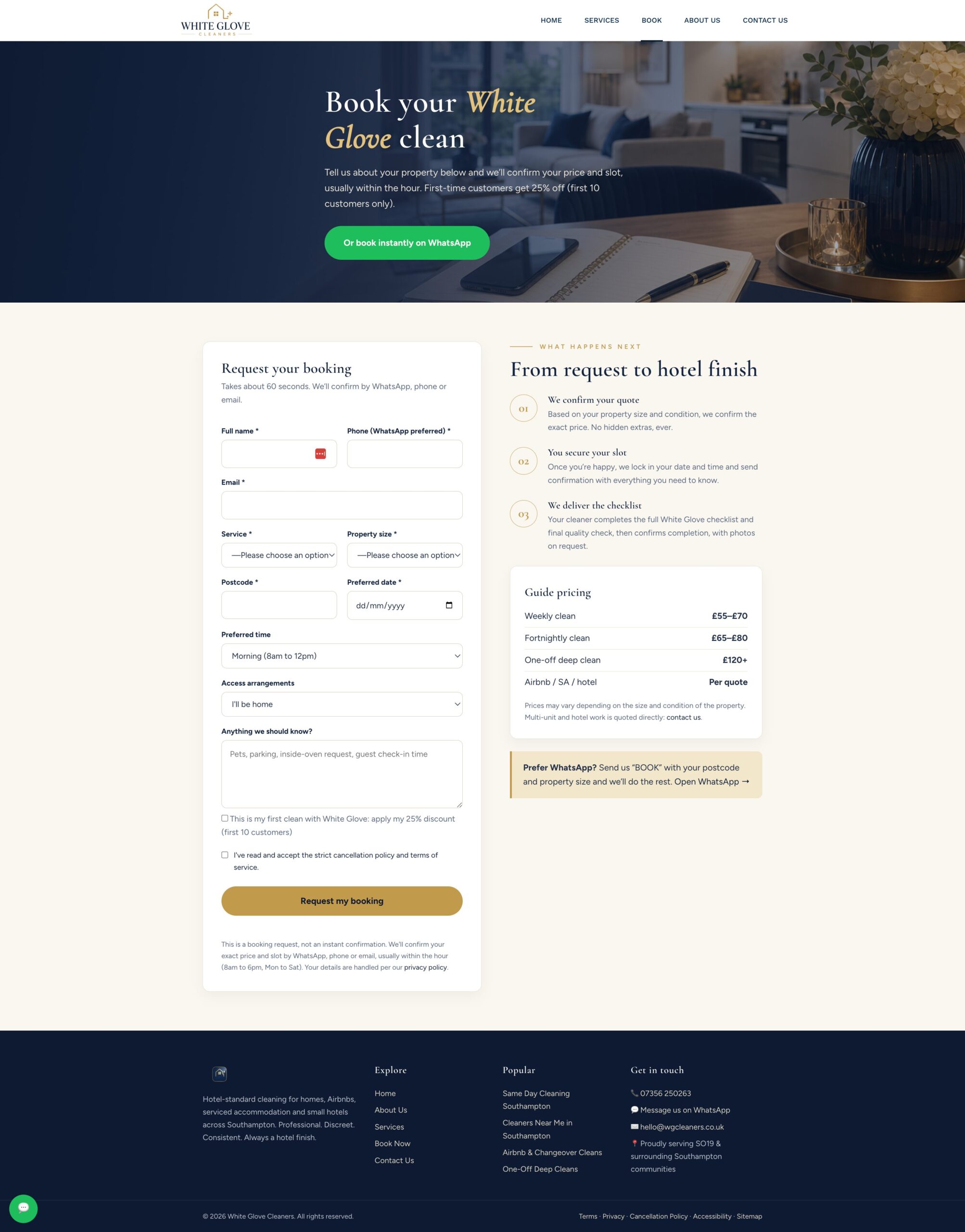 The full White Glove Cleaning booking page with live calendar slots