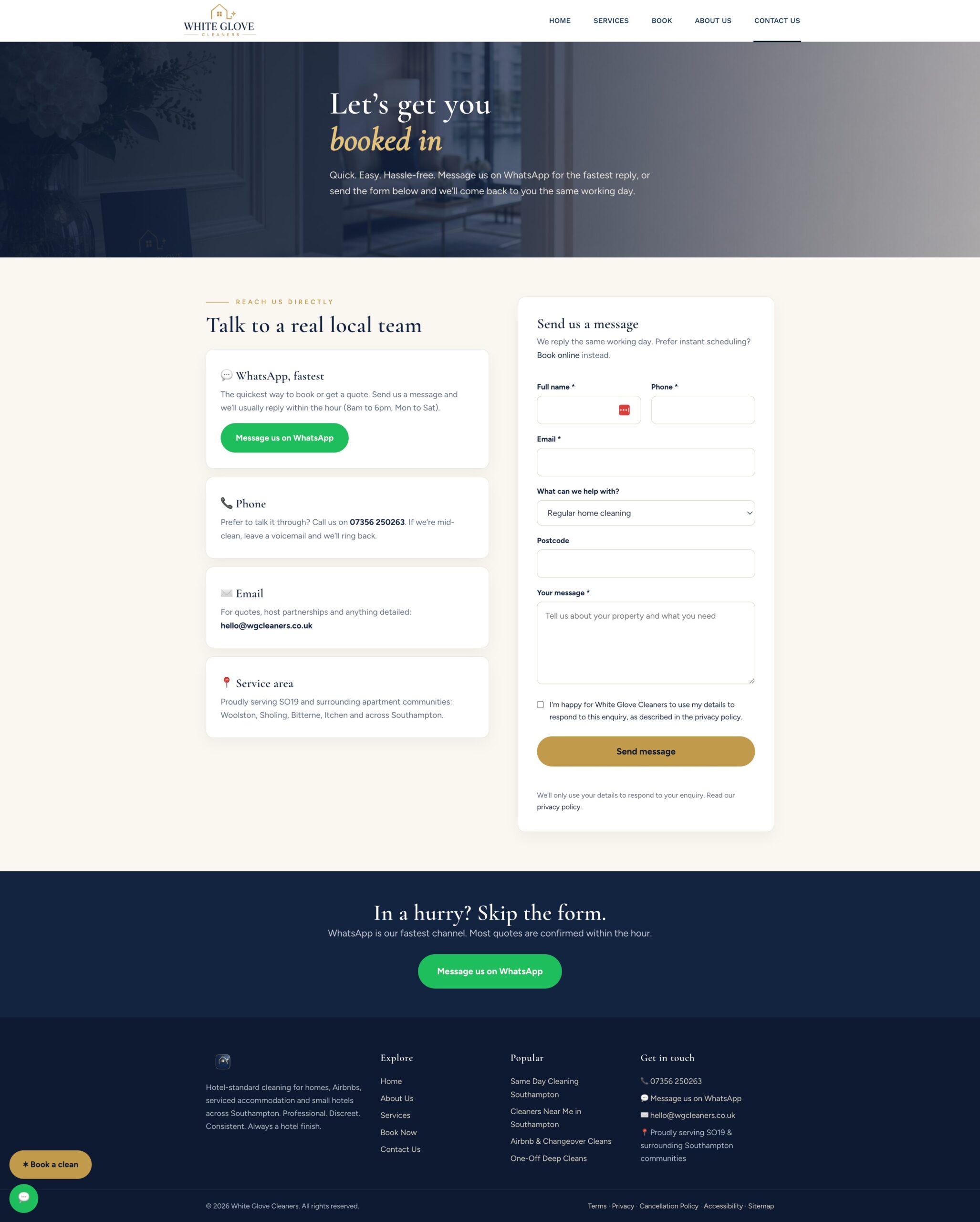 The full White Glove Cleaning contact page